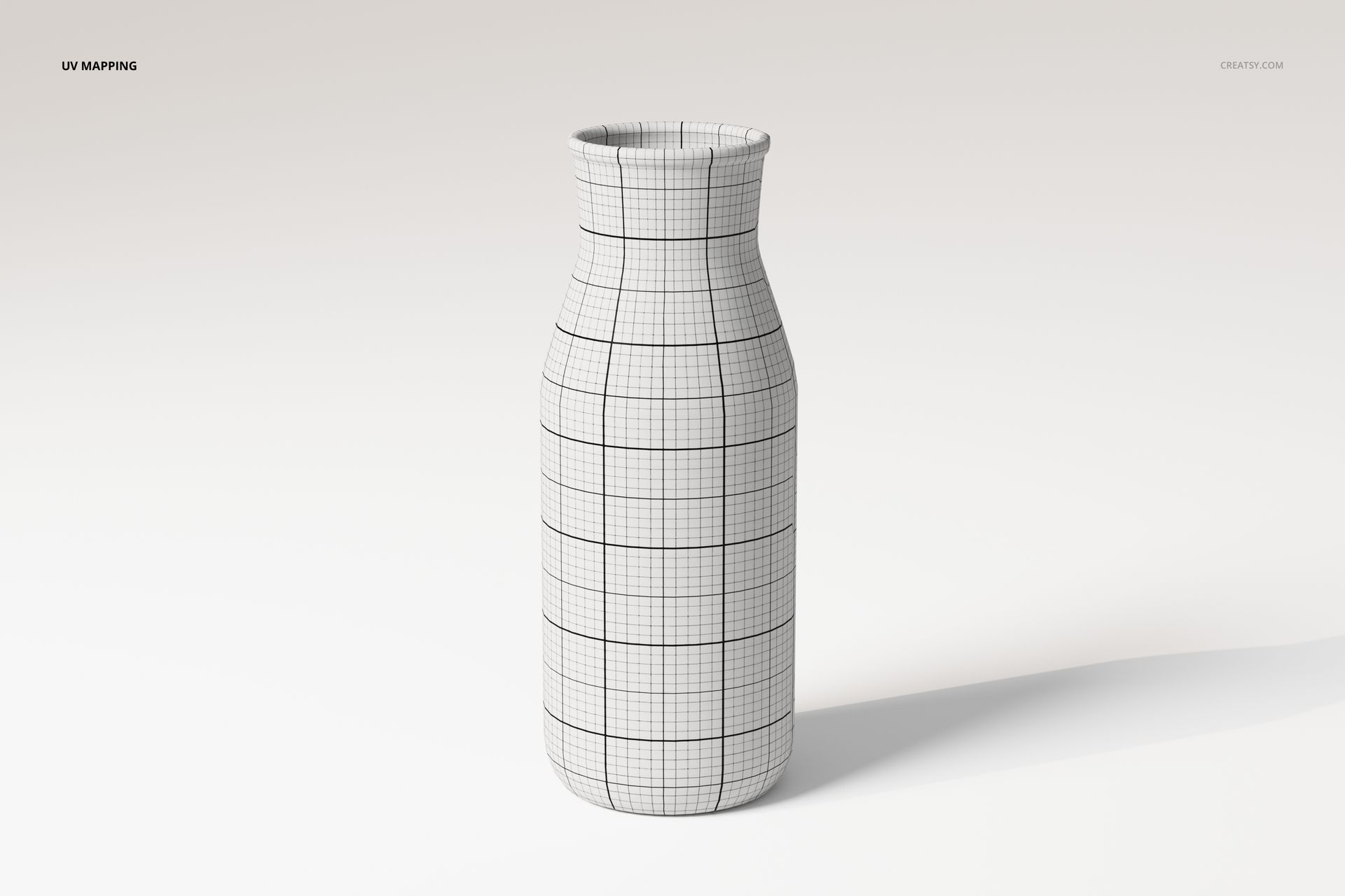 Front view of a bottle vase 3D model with a cylindrical shape, featuring a black grid pattern on a white surface.