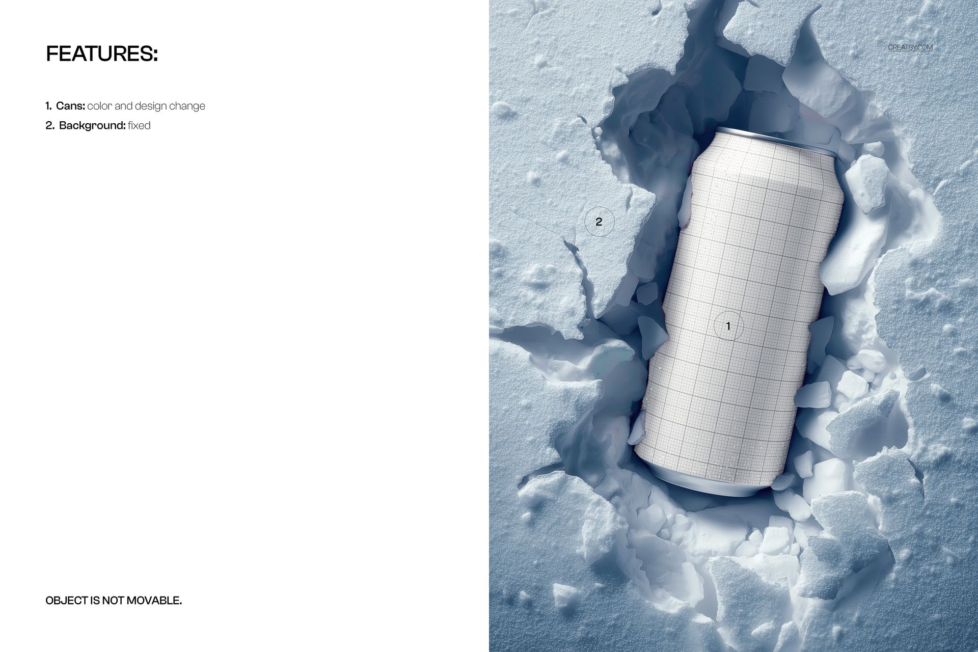 Beverage can mockup with grid pattern placed in cracked snow, viewed from above with icy fragments around.