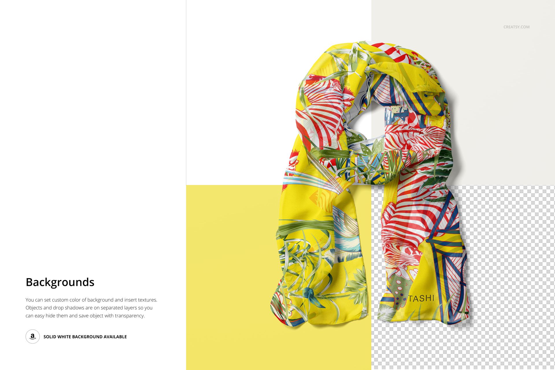 Chiffon silk scarf mockup featuring a vibrant yellow base with multicolored botanical and abstract patterns, front view.