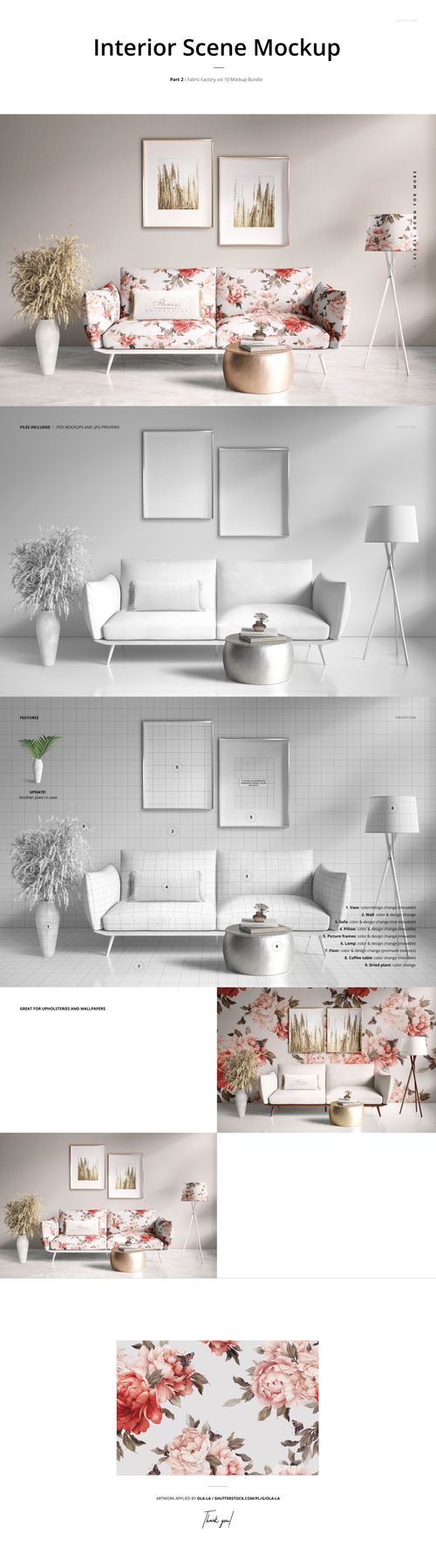 Living room scene featuring a sofa with floral fabric, decorative pillows, vases, and framed artwork in a PSD mockup.