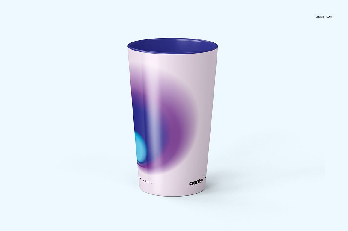 Tall latte mug with a curved shape, featuring a soft pastel design with purple and blue gradient circles, front view.