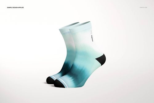 Pair of short socks mockup with a gradient blue and white pattern, shown from a side angle on a plain background.