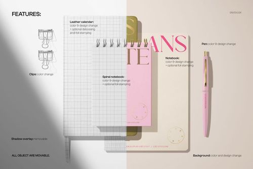 Stationery set mockup showing a spiral notebook, leather calendar, pink pen, and metal clips on a neutral background.