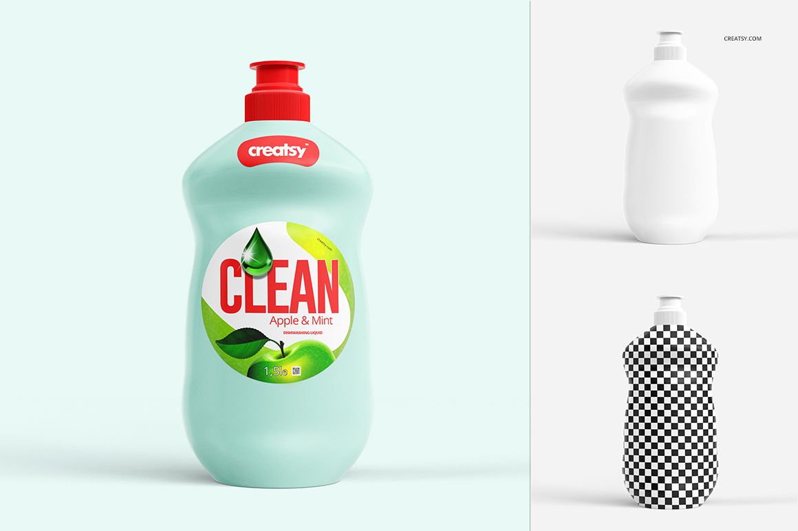 Front view of a dishwashing liquid bottle mockup with a mint green body, red cap, and customizable label design.