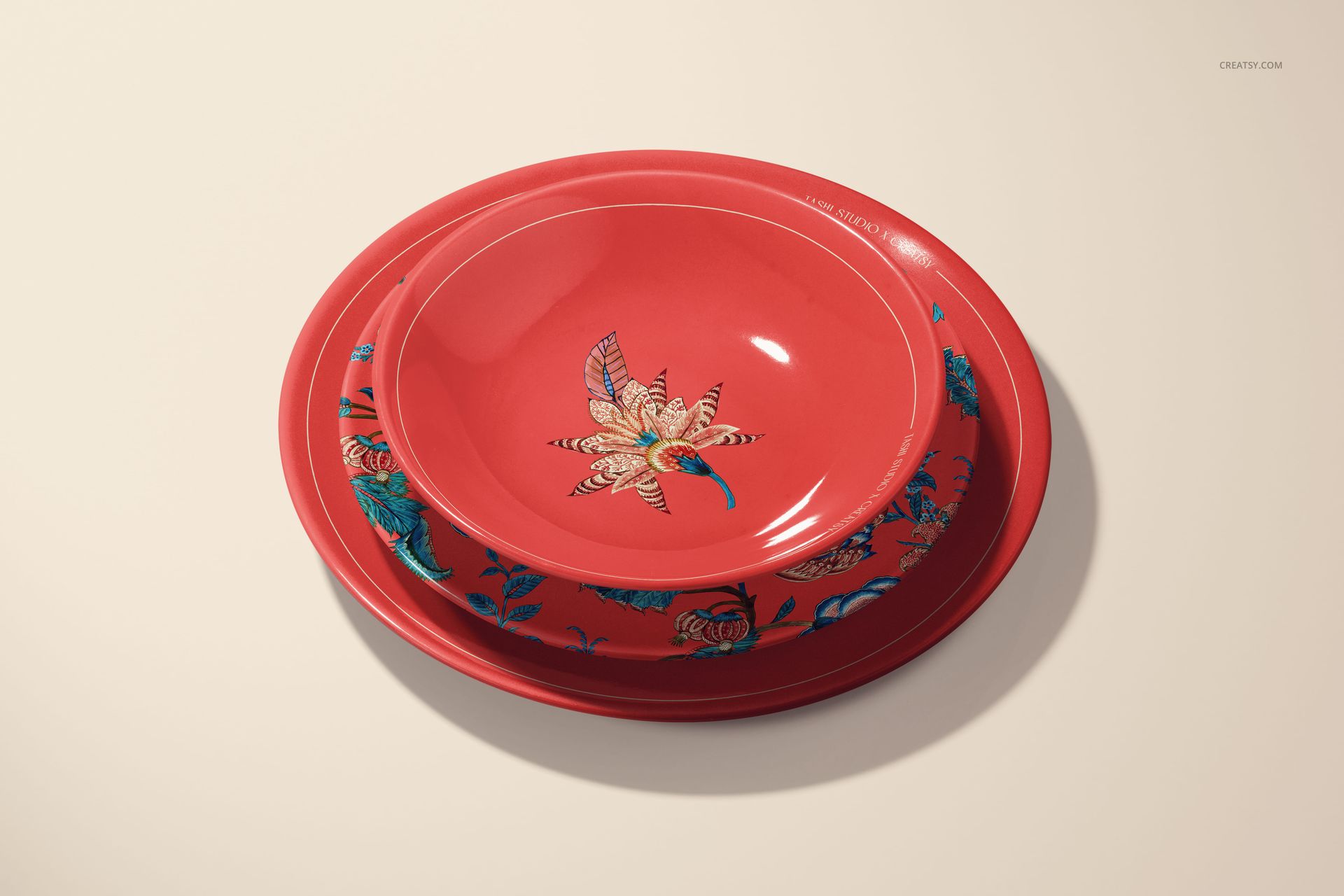 Ceramic plate mockup set with decorative red plates, displaying detailed artwork and a soft tabletop setting.