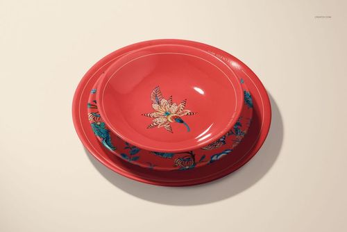 Ceramic plate mockup set with decorative red plates, displaying detailed artwork and a soft tabletop setting.