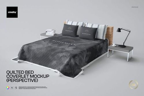 Mockup of a quilted bed coverlet with a subtle pattern, draped over a bed with coordinated pillows and modern side tables.