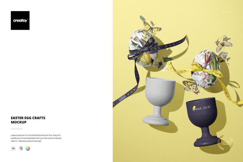 PSD mockup showing two Easter eggs with ribbon and floral designs, placed on textured goblet holders on a yellow surface.