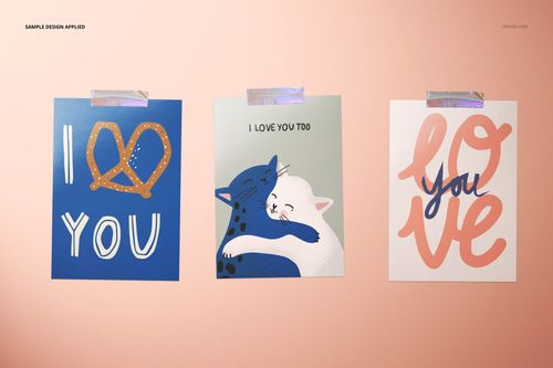 Paper Valentines cards mockup with three unique designs, taped side by side on a light peach backdrop.