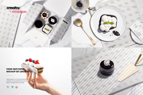 PSD mockup set featuring desserts on white paper with minimalist logo pattern, presented in packaging and elegant table settings.