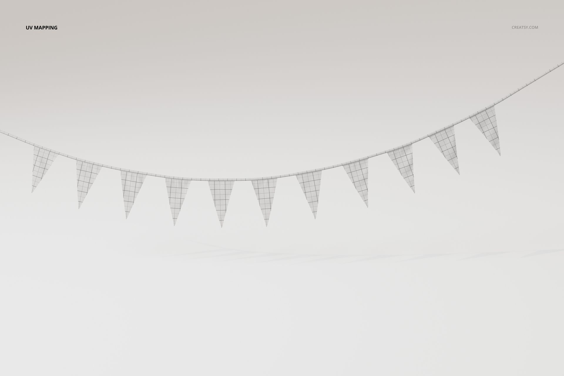 Front view of a 3D model bunting party flag garland with triangular flags and wireframe mesh on a plain background.