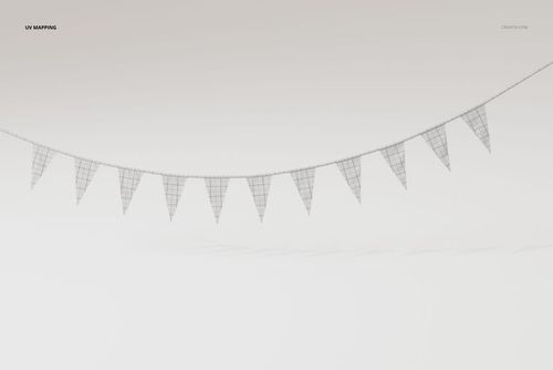 Front view of a 3D model bunting party flag garland with triangular flags and wireframe mesh on a plain background.