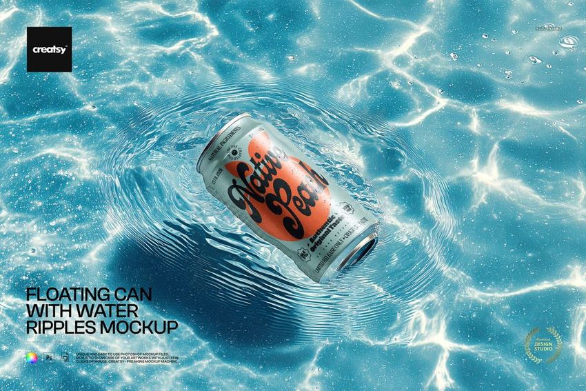 PSD mockup of a drink can featuring vibrant graphics, floating on sunlit blue water with visible ripples.