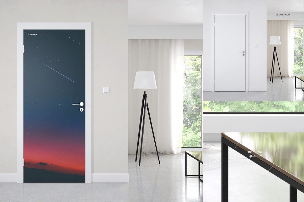 Door mural mockup showing a cosmic-themed design on a white door, with minimalist decor and natural light.