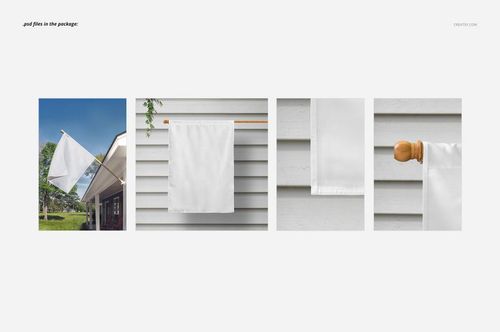 White house flag mockup presented on a porch and siding, with detailed shots highlighting material and hanging rod.