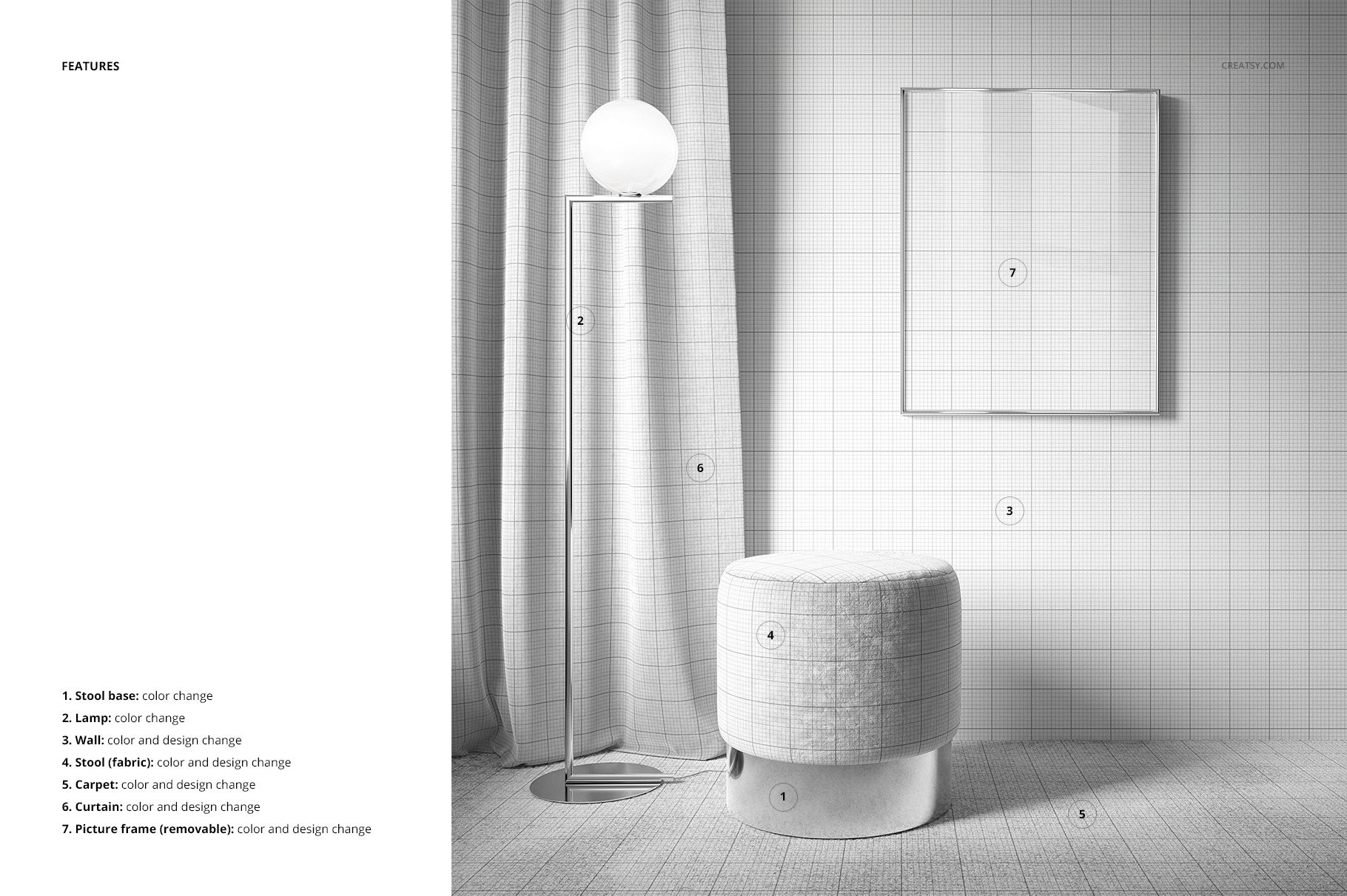 Contemporary room mockup with a textured ottoman, tall lamp, and square frame on a tiled wall background.