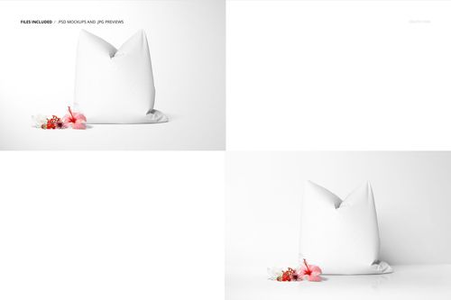 Square decorative pillow mockup with a plain white cover, front view, placed beside pink and white flowers on a white surface.