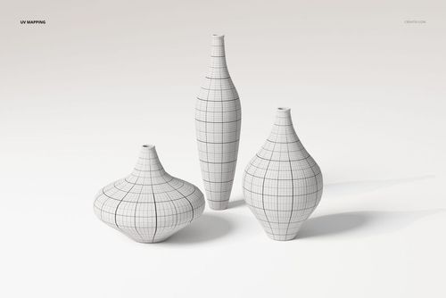 Three decorative vases of varying shapes and sizes with black wireframe grid pattern, displayed on a white background.