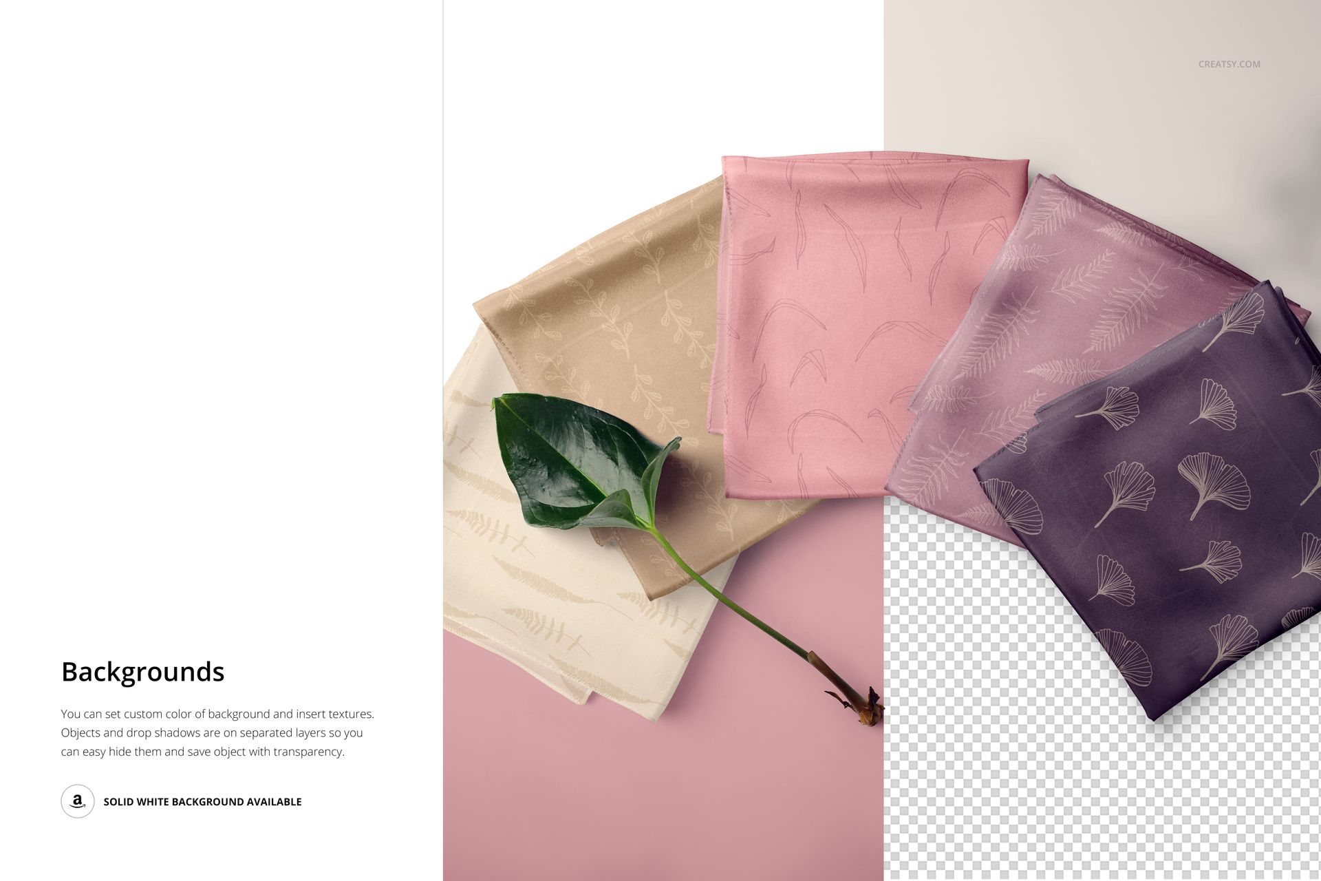 Five folded silk scarves displayed from above, featuring muted tones and delicate botanical designs, PSD mockup scene.