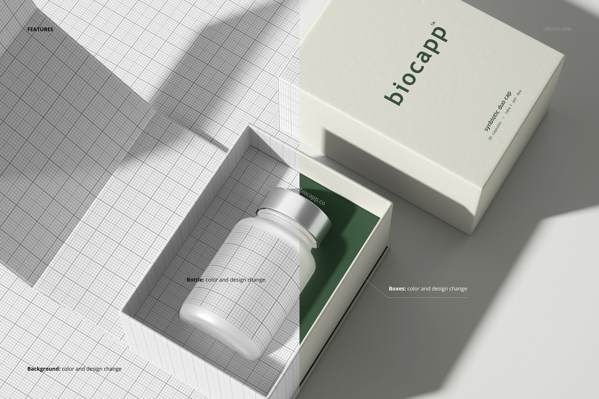 Mockup of a cosmetics box with a capsule bottle inside, featuring editable surfaces and contrasting background halves.