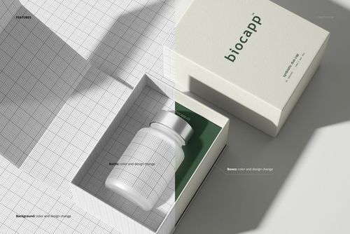 Mockup of a cosmetics box with a capsule bottle inside, featuring editable surfaces and contrasting background halves.
