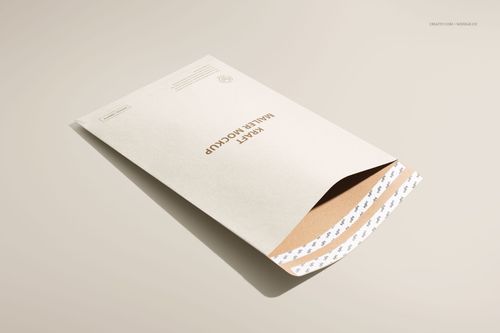 Kraft mailer envelope mockup with a partially open flap, showing interior pattern, on a light beige surface.