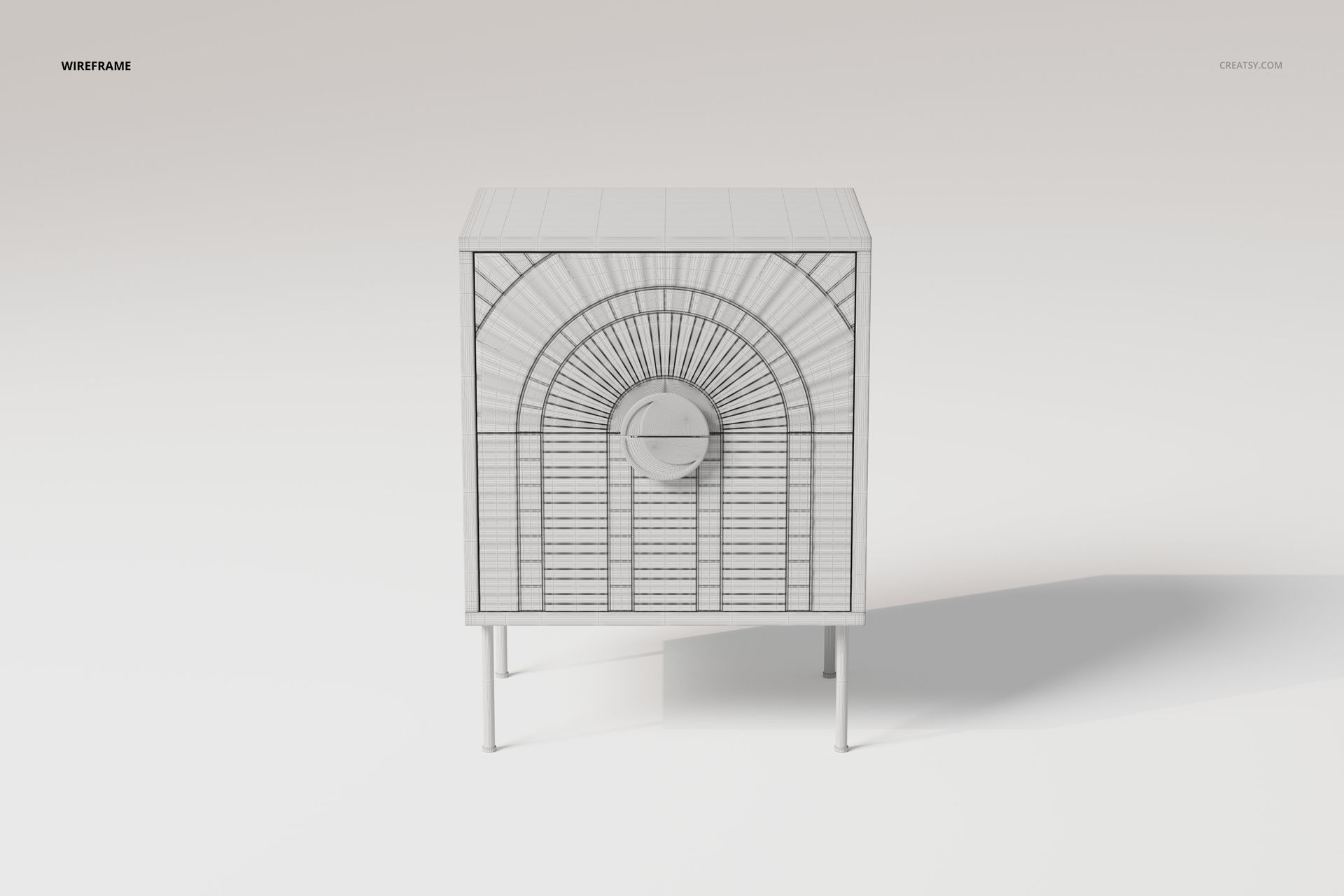 Front view of a wireframe art deco nightstand 3D model with geometric patterns and slender legs on a light background.
