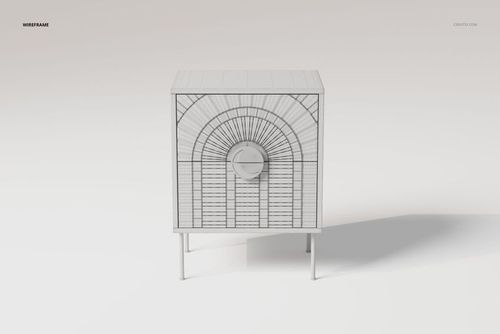 Front view of a wireframe art deco nightstand 3D model with geometric patterns and slender legs on a light background.