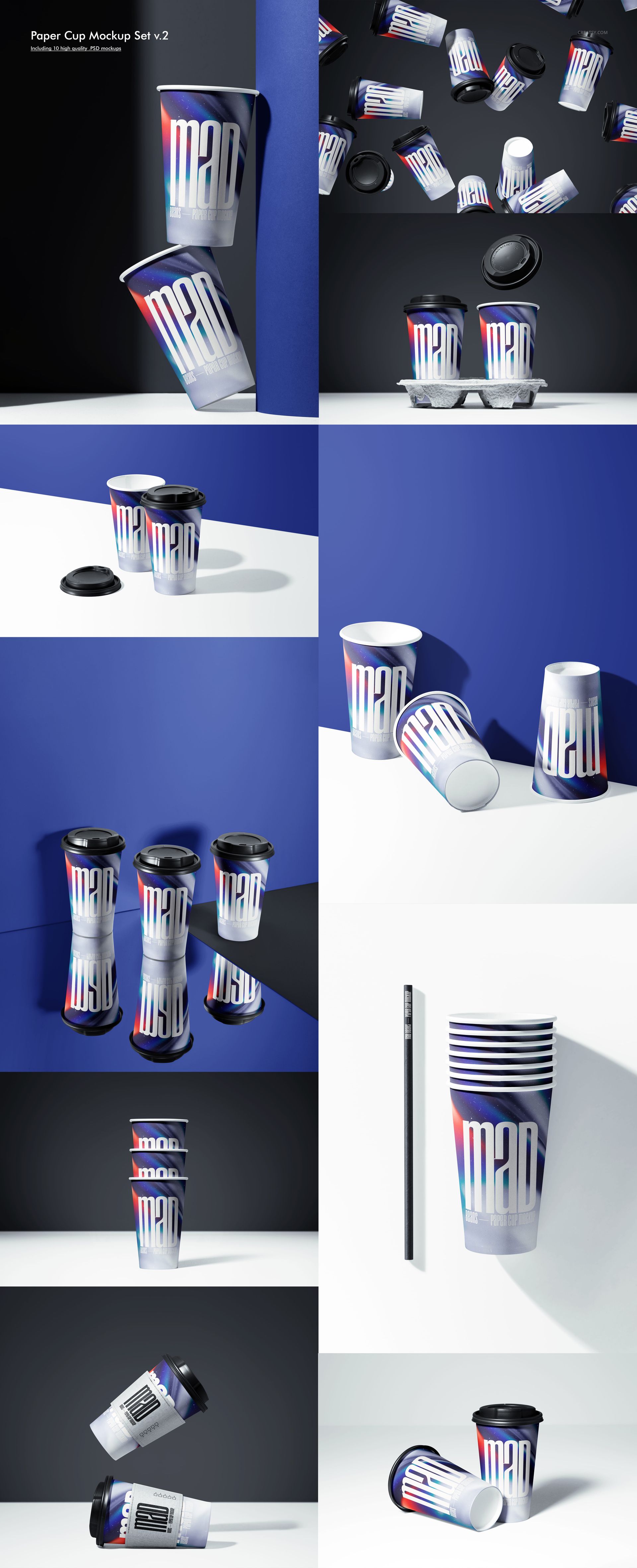 Assorted paper cups with lids and rainbow gradient artwork are presented in creative layouts, emphasizing the mockup bundle.