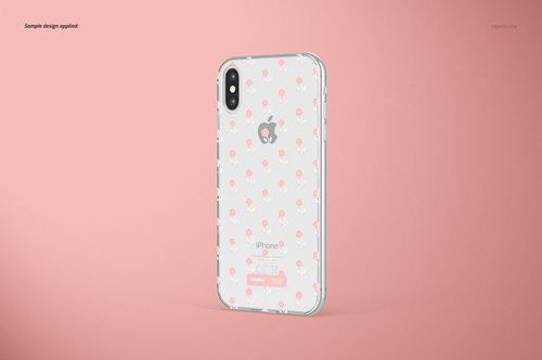 PSD mockup of an iPhone XS clear case featuring a repeating flower design, displayed on a soft pink backdrop.