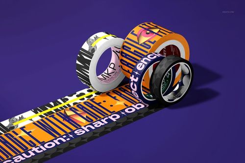 Colorful packaging tape mockup featuring various patterns and warning texts, arranged side by side on a purple background.