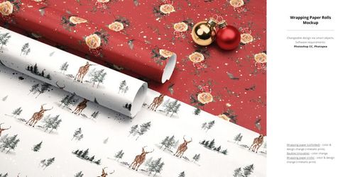 Christmas wrapping paper mockup featuring two rolls, one with red floral design and one with deer and trees, shown in a festive scene.