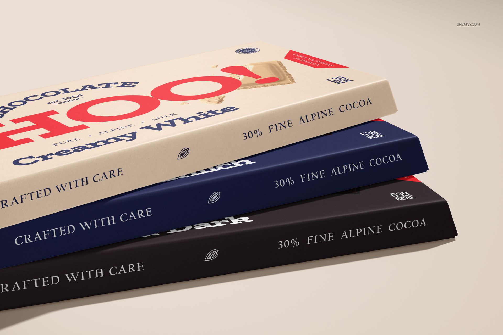 Stacked trapezoidal chocolate bar packaging mockup in cream, blue, and black colors shown from a front angle.