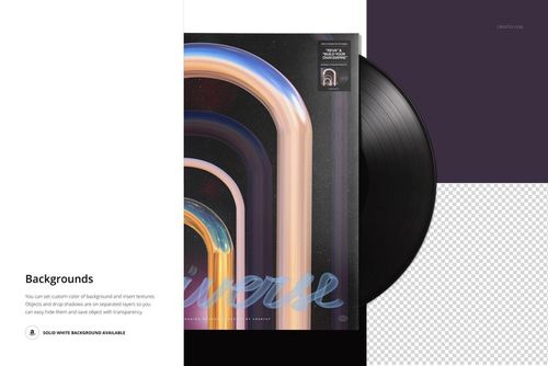 Black vinyl record mockup featuring a vibrant cover design with curved lines and soft pastel colors, shown from the front.