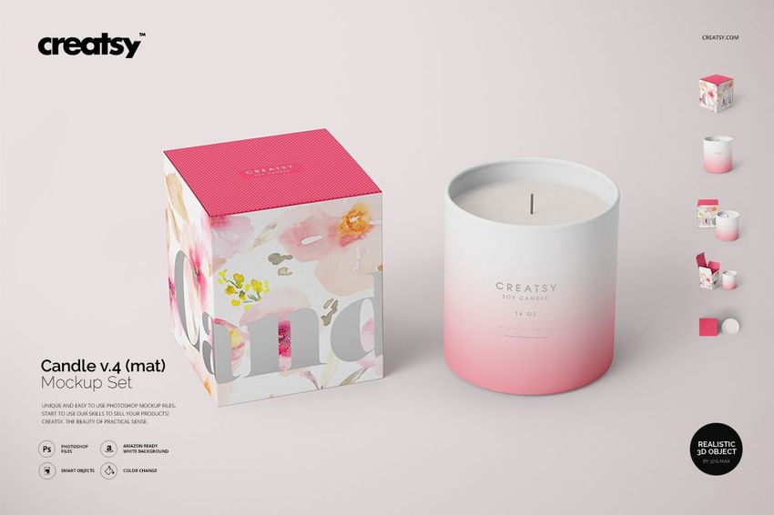 Matte glass candle and floral-patterned box shown side by side on a light background, front view mockup.