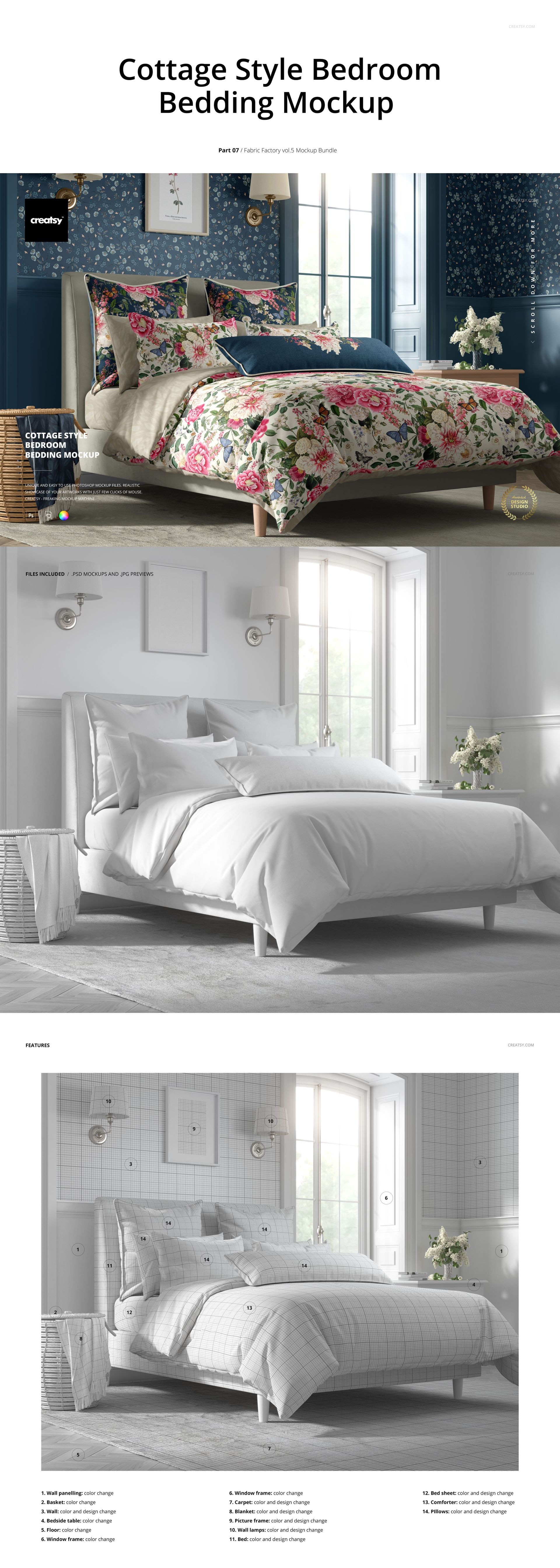 Three bedroom mockup setups showing beds with different bedding designs, including floral and minimalist styles in bright rooms.