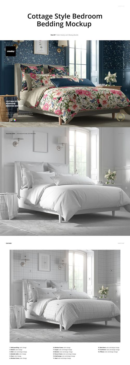 Three bedroom mockup setups showing beds with different bedding designs, including floral and minimalist styles in bright rooms.