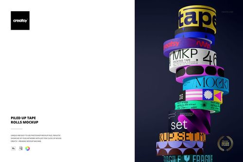 PSD mockup displaying a tower of packaging tape rolls with different labels and graphics, illuminated by studio lights.