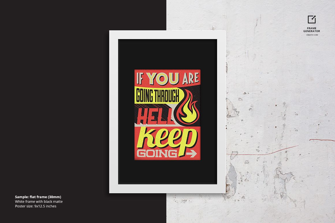 Flat frame mockup with white border and black matte, featuring colorful text art, on a divided wall background.
