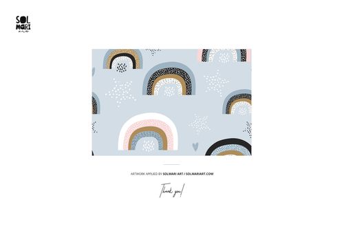 Light blue mockup with scattered rainbow motifs and dotted shapes, presented in a rectangular format.