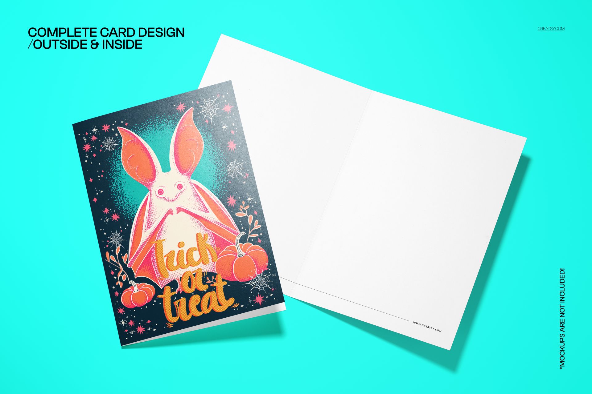 Mockup of a 5x7 Halloween card with a vintage bat illustration, pumpkins, and festive stars, shown on a turquoise surface.
