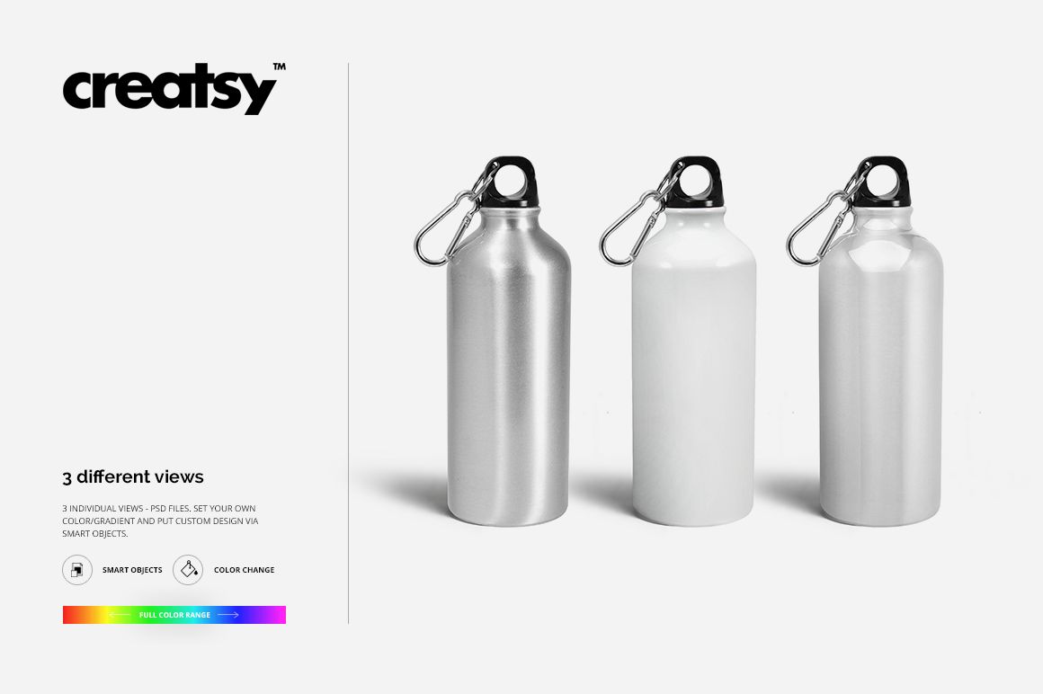 Three aluminum water bottles with carabiner caps displayed in a row on a white background, front view mockup.