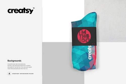 Knee high socks mockup featuring geometric blue and red pattern, shown from a top view with paper band label.