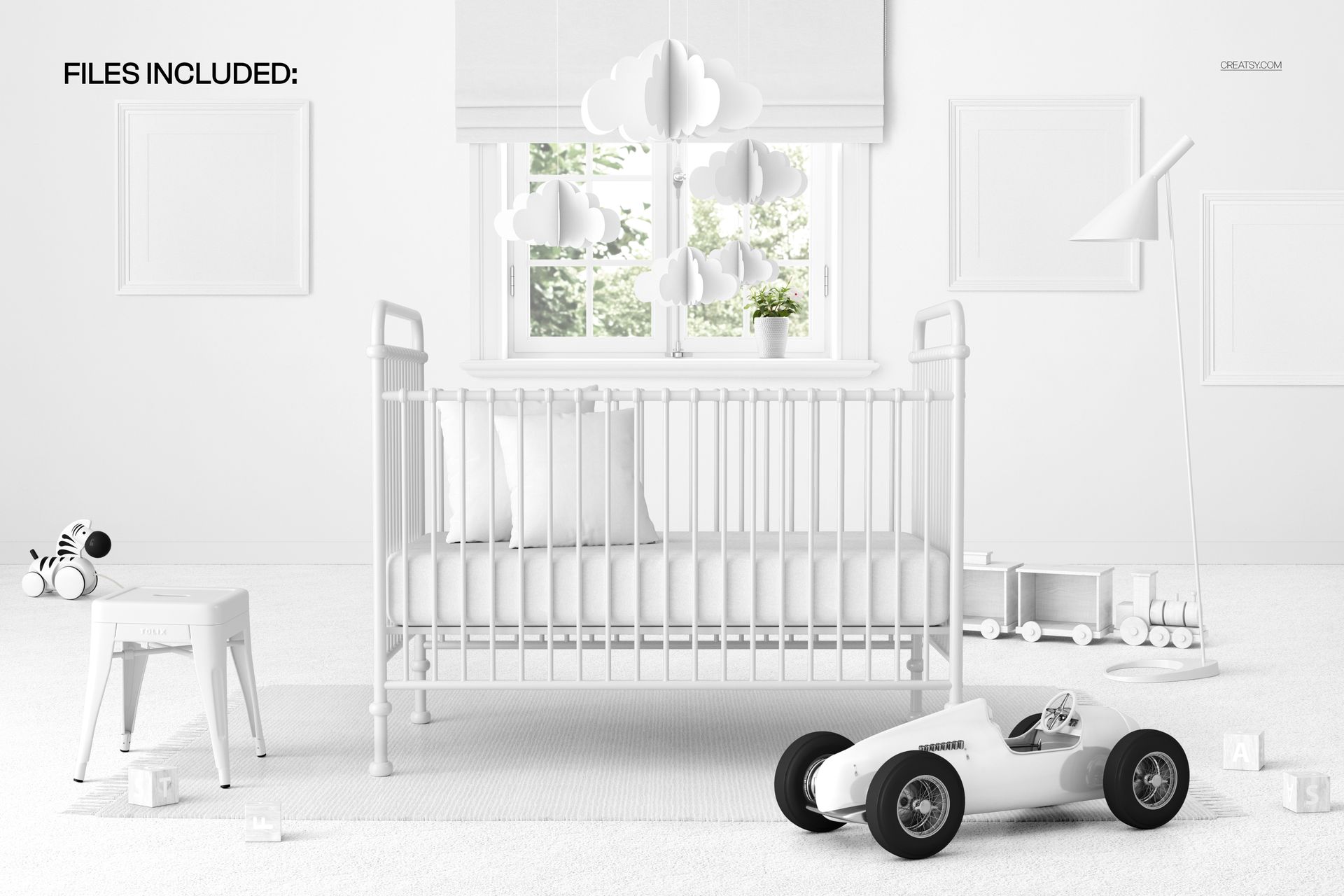 Vintage metal crib mockup in a minimalist nursery with soft white tones, toy car, and cloud mobile overhead.