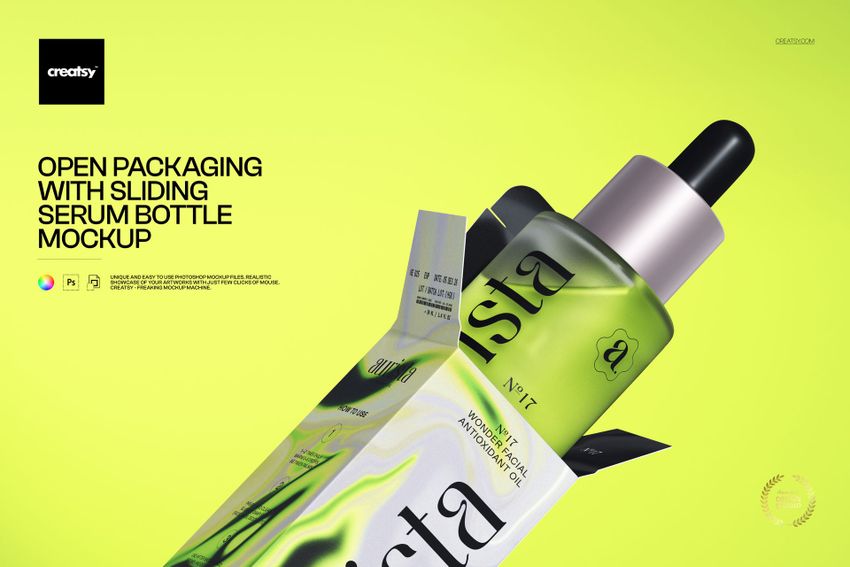 PSD mockup showing a cosmetic serum bottle emerging from its packaging, with modern design elements and vivid colors.