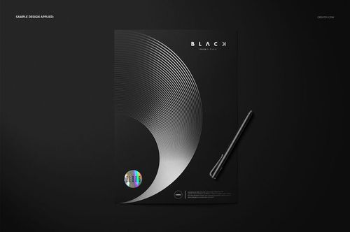 Front view of a black folder mockup with silver circular lines, a pen placed beside, and a dark background.