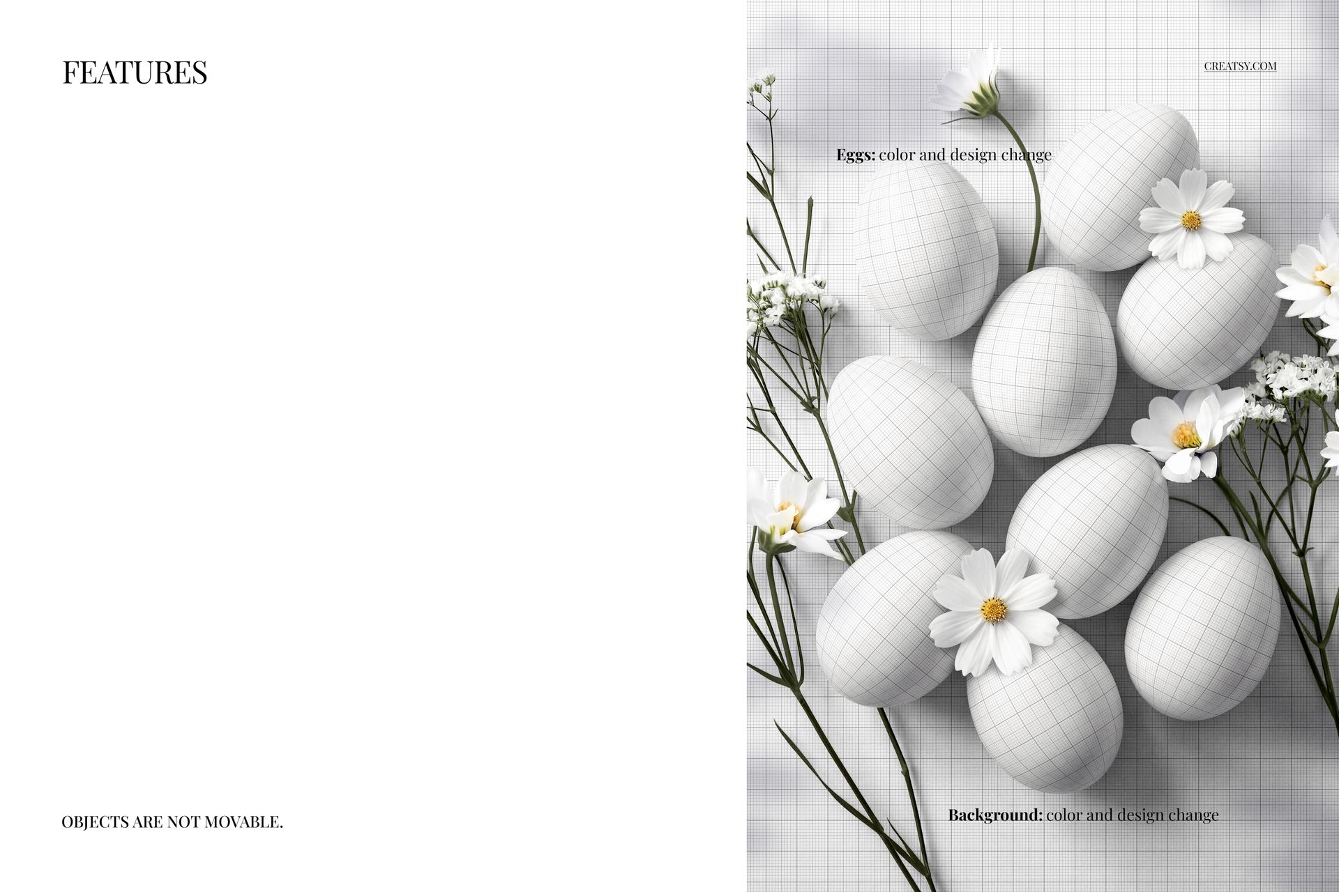 Top view of Easter eggs arranged on a grid-patterned surface with white flowers, shown in a PSD mockup scene.