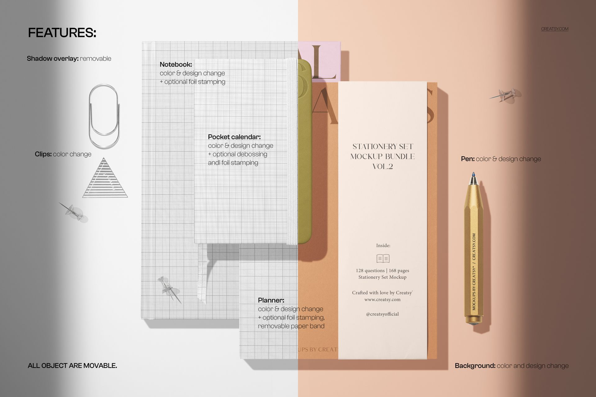 Top view of a pocket calendar, hardcover notebook, and planner mockup with various stationery items and a gold pen.