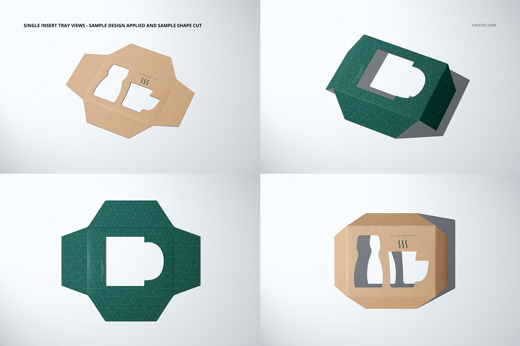 Top view of four mailing box mockups featuring cardboard inserts with cup and bottle cut-outs and green accents.