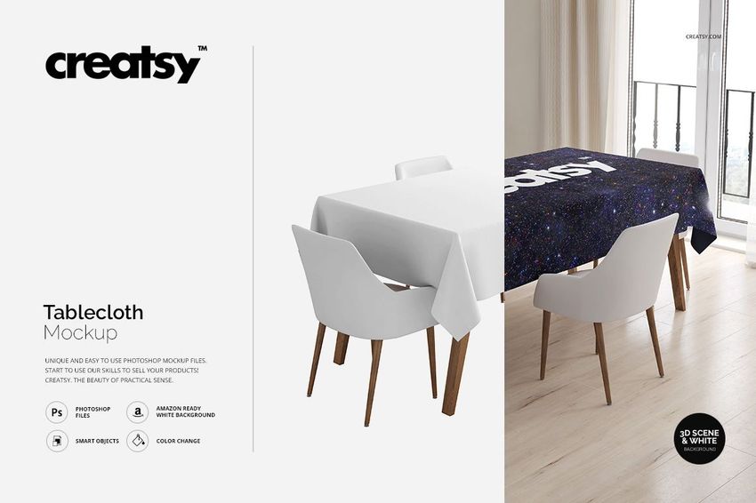 Rectangular tablecloth mockup on a dining table with white chairs, featuring a dark starry pattern design.